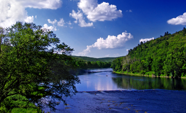 Blue river flowing through lush green forest under a bright, cloudy sky.