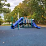 Blue and yellow playground set in a park with trees during autumn.