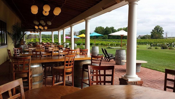 Outdoor patio dining area with wooden tables and chairs overlooking a vineyard under an overcast sky.