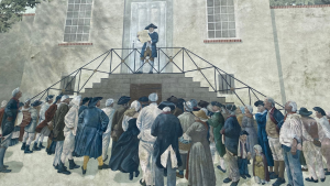 Historic mural depicting a crowd gathered outside a colonial-era building as the Declaration of Independence is read aloud, commemorating a pivotal moment in American history.