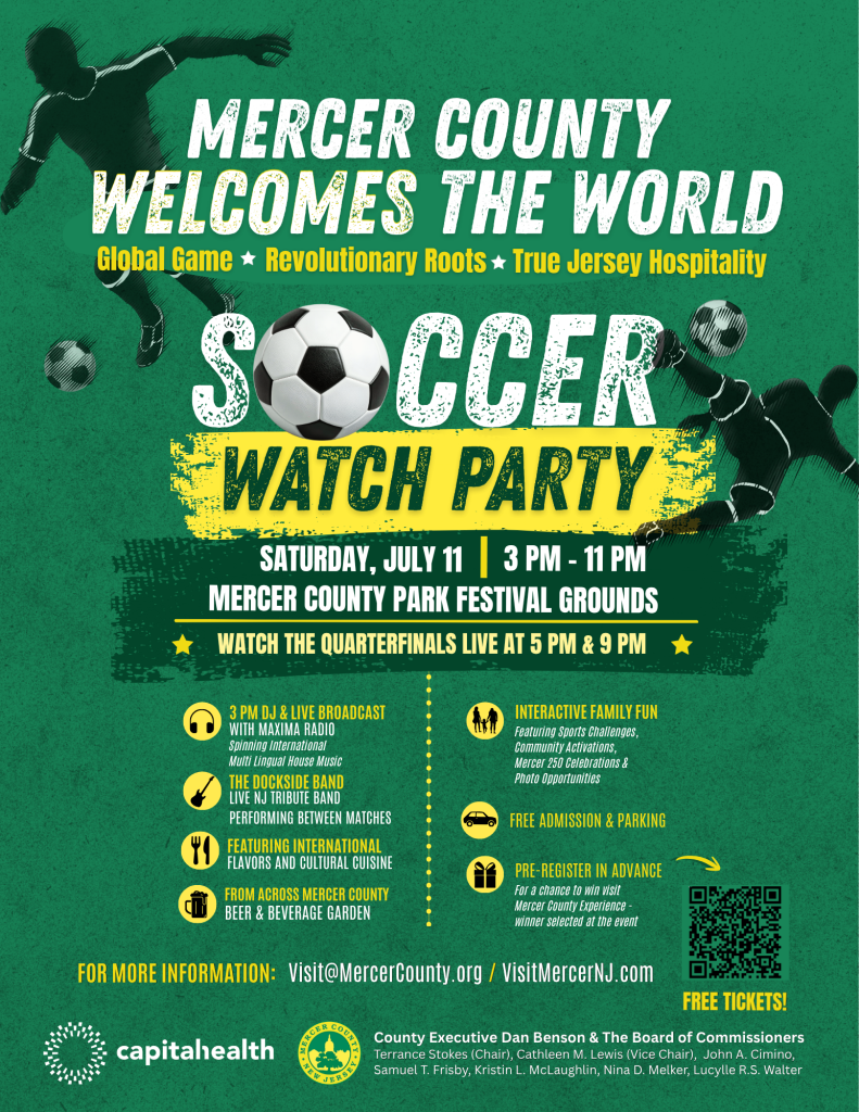 promotional flier for soccer watch party event in mercer county new jersey